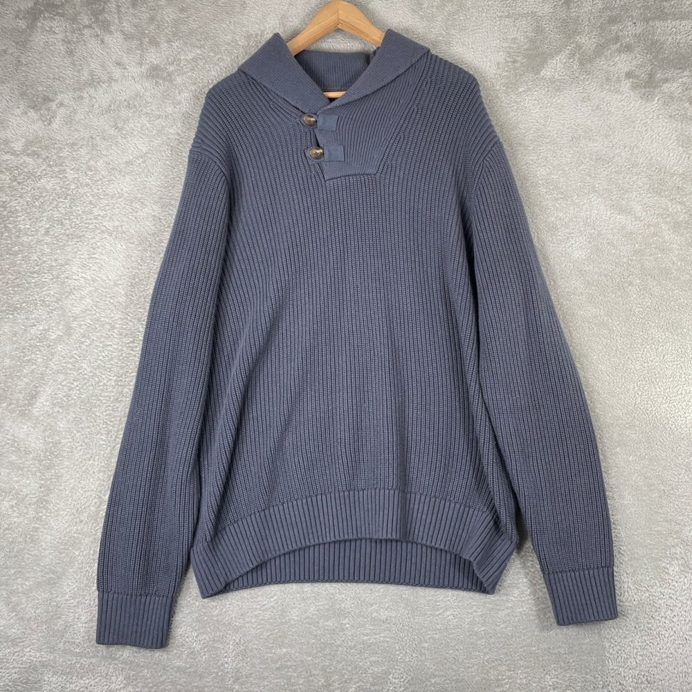 Duluth Trading Co Sweater Womens Large Blue Shawl Neck Ribbed Elbow Patches